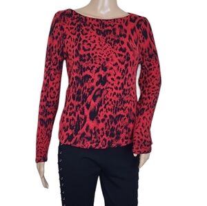 Chico's cheetah leopard print Red fuzzy pullover shirt